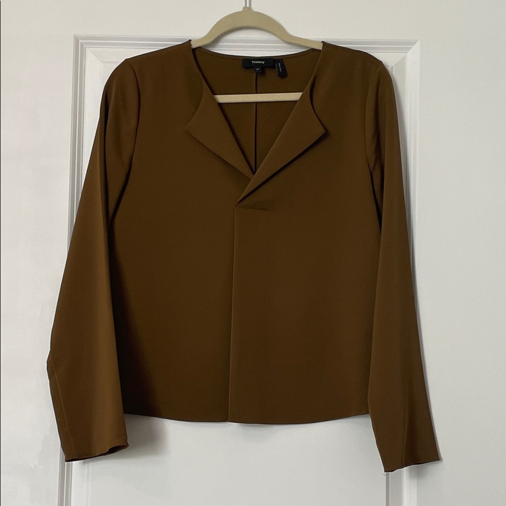 Theory Brown Long-Sleeve V-Neck Blouse
